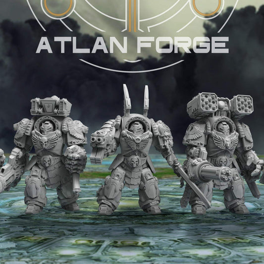 Five Angelic Dominators terminators lined up with varied heavy weapons and wings.
