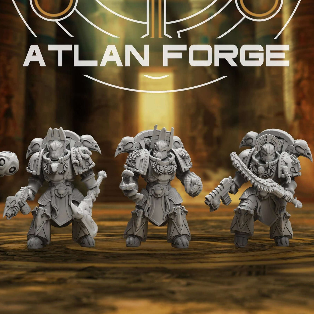 Five Aegyptian styled resin power armour infantry with bird head shoulder pauldrons on temple bases.