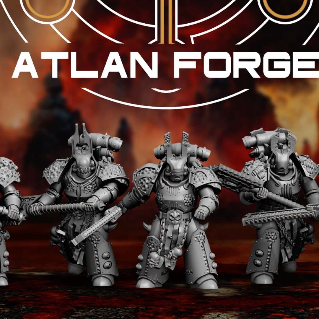 Five armored Hades Demented Squad troopers standing in a row with polearm weapons