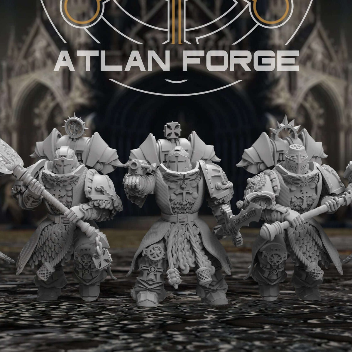 Templar Paladin Squad of five armored warriors with swords, axe, and gun before a cathedral backdrop