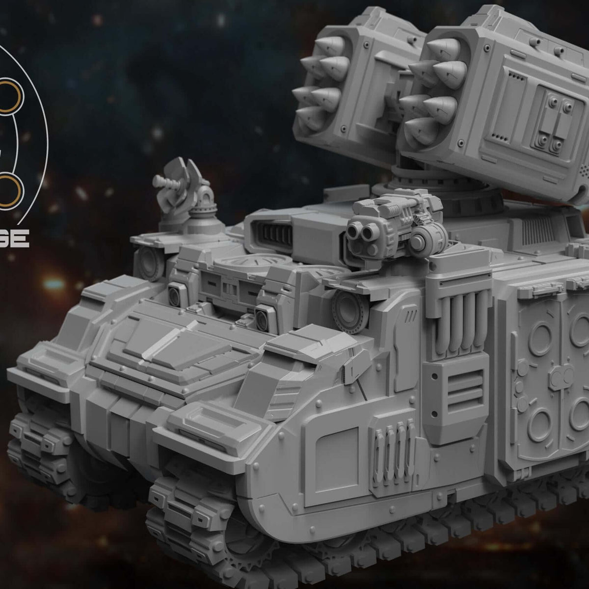 Arctodus Missile Vehicle tracked tank with twin missile racks, front three-quarter view