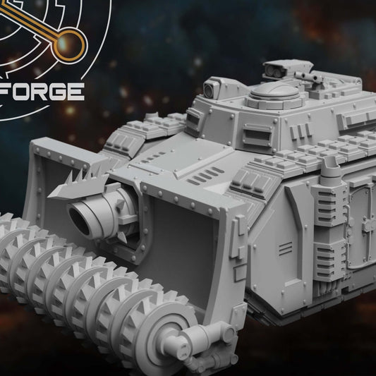 Bulldozer Siege Tank, front view with spiked dozer blade and cannon, dark battlefield backdrop
