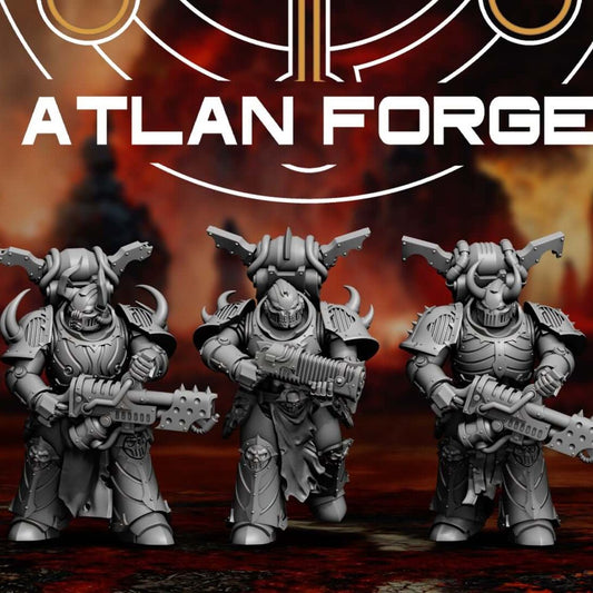 Hades Dark Troopers Squad of five horned armored miniatures holding rifles, front view on textured base