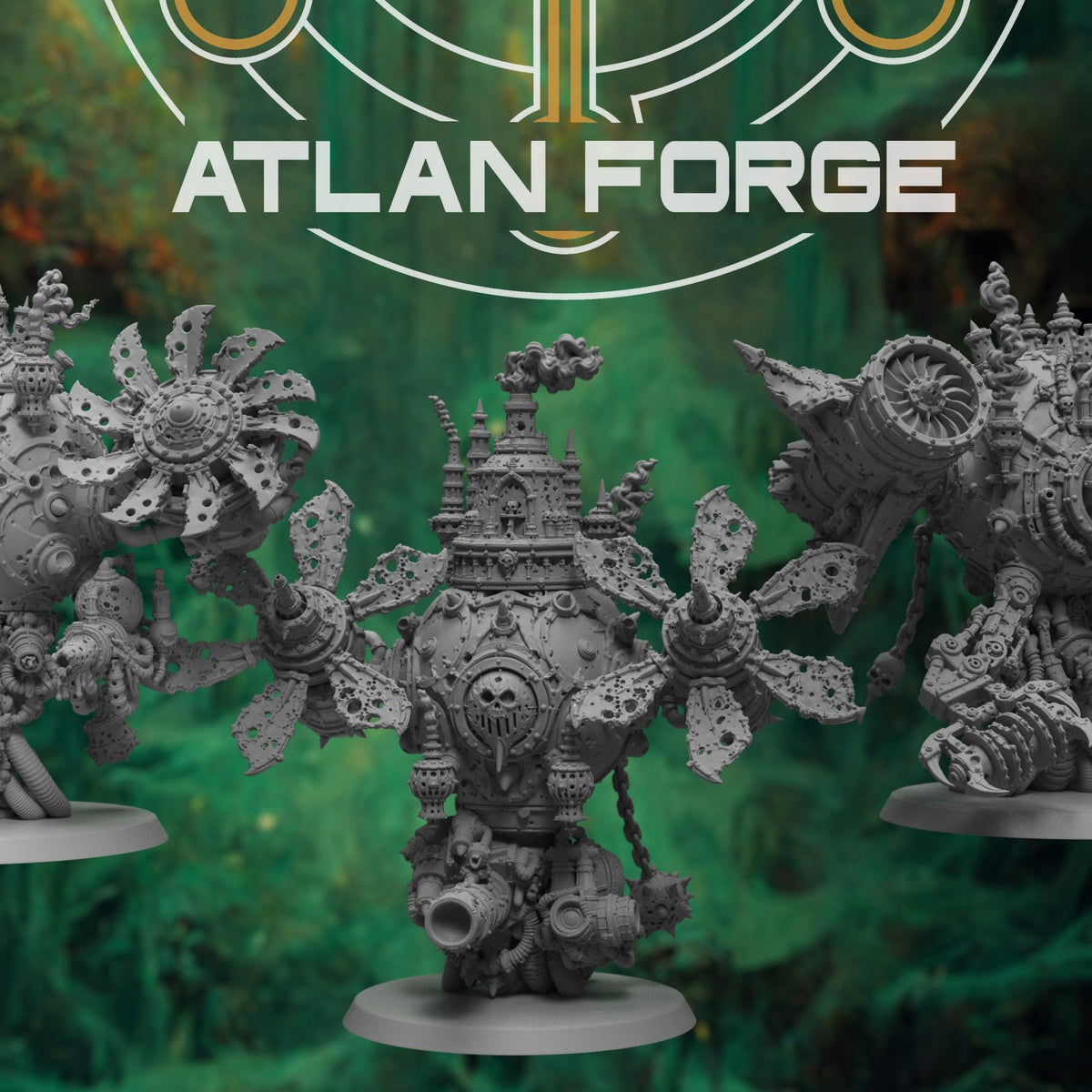 All three Corpse Engine variants lined up, showcasing fan blades and cathedral hulls on round bases.