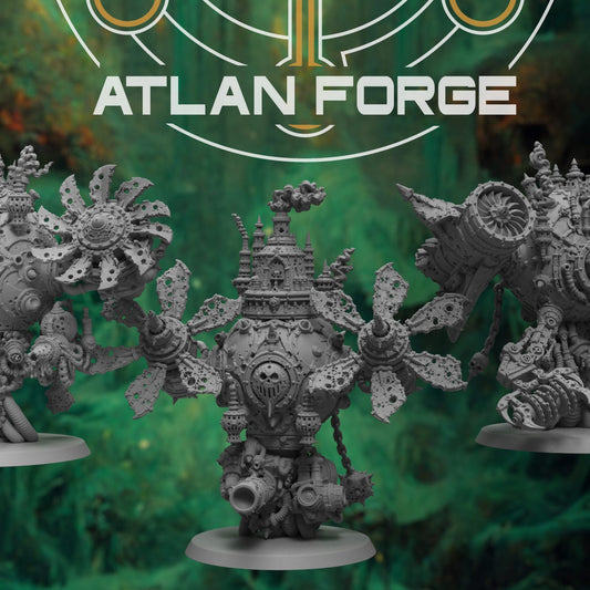All three Corpse Engine variants lined up, showcasing fan blades and cathedral hulls on round bases.