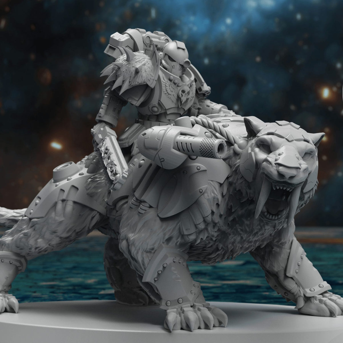 Sabertooth Riders miniature astride an armored saber tiger, side view, oval base.