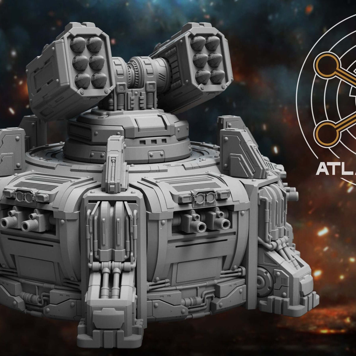 Assault Bastion sci fi bunker with dual missile pods, front view against starfield backdrop