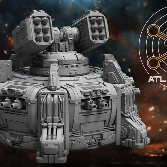 Assault Bastion sci fi bunker with dual missile pods, front view against starfield backdrop