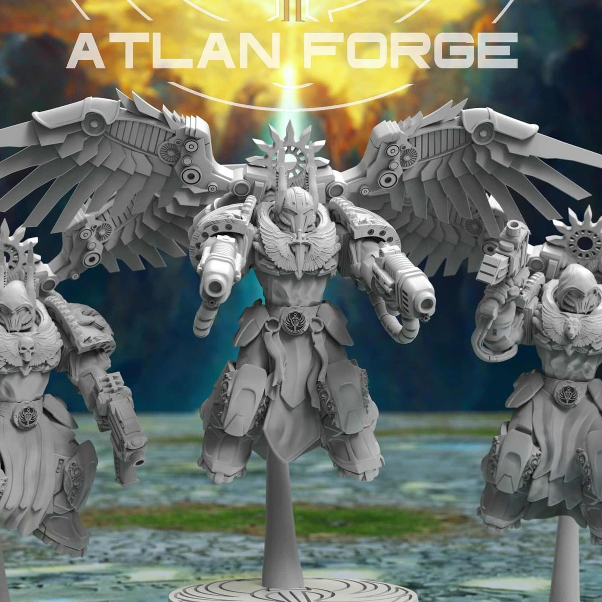 Three Angelic Seraphim power-armoured warriors with mechanical wings and dual guns on round bases