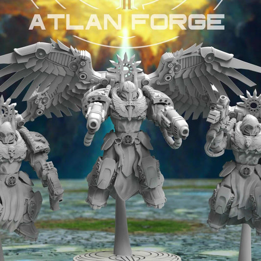 Three Angelic Seraphim power-armoured warriors with mechanical wings and dual guns on round bases