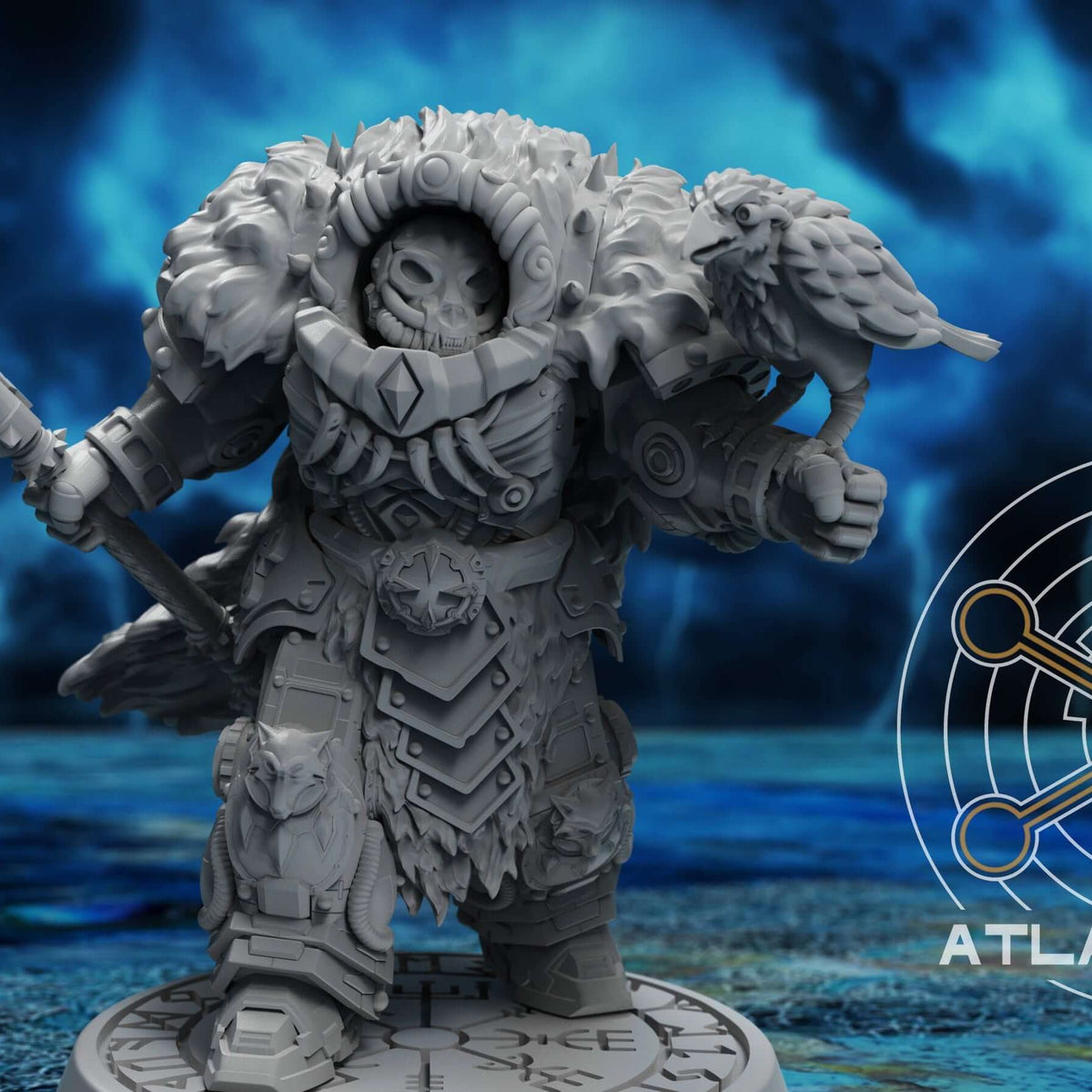 Einherjar Storm Priest miniature holding a spiked mace, fur hood and skull face on a rune base