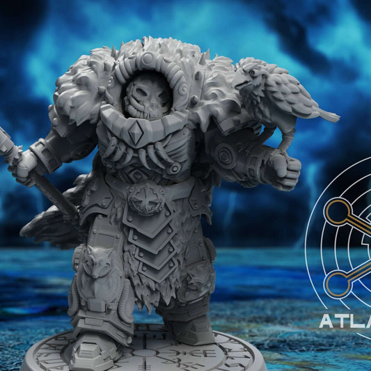 Einherjar Storm Priest miniature holding a spiked mace, fur hood and skull face on a rune base