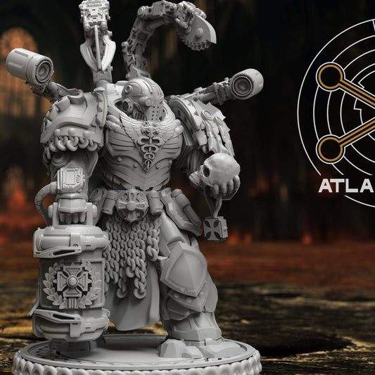 Front view of armoured medic figure holding a skull with ribbed chestplate visible