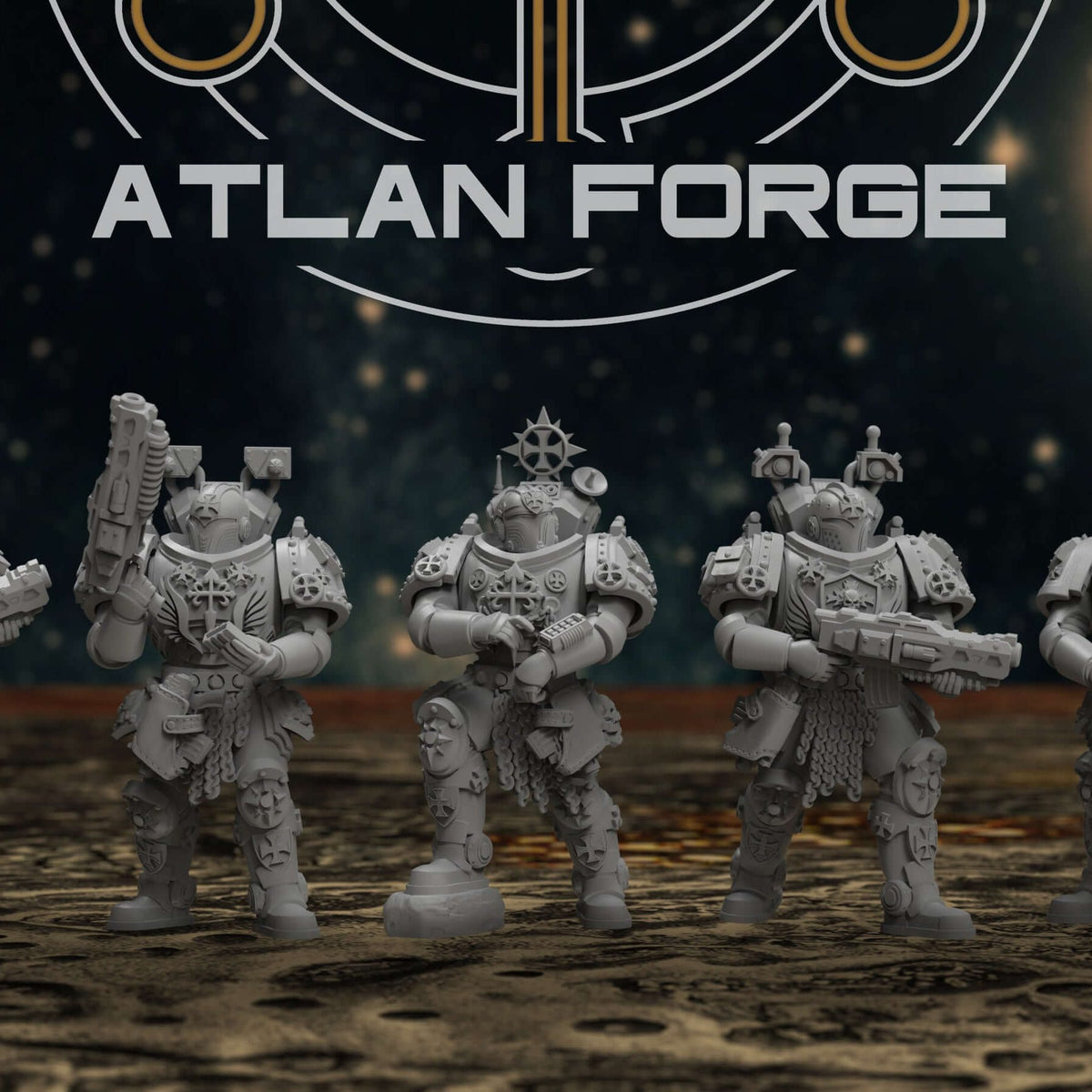 Templar Scouts Squad of five armored miniatures standing in a row holding rifles