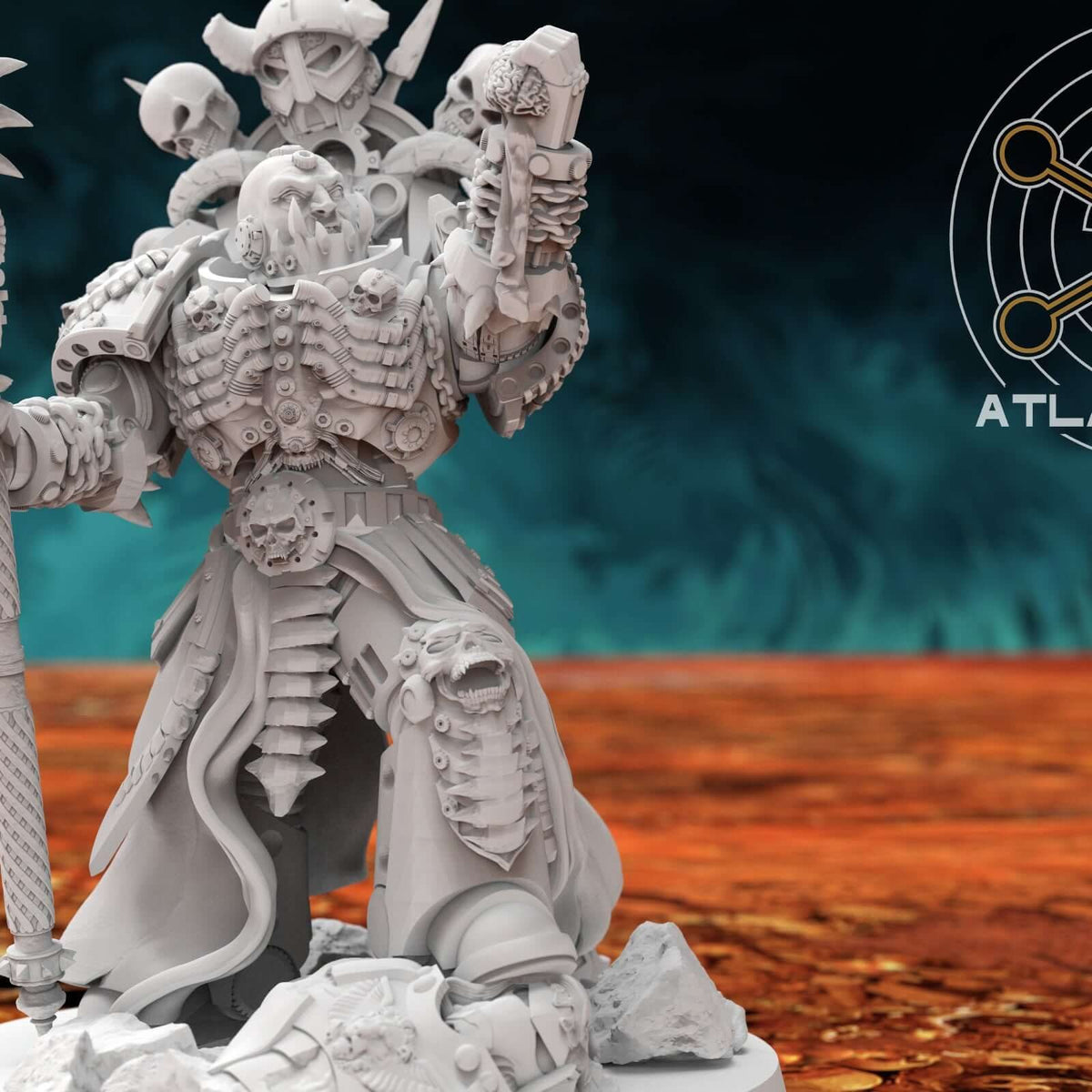 Hades warlord miniature holding axe and pistol, front view on rocky base