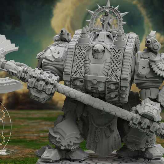 Dreadnought resin miniature holding a great axe, front view on round base