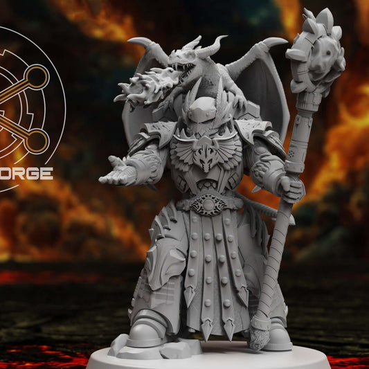 Dragon Knights mage miniature with dragon-head staff, front view on round base.
