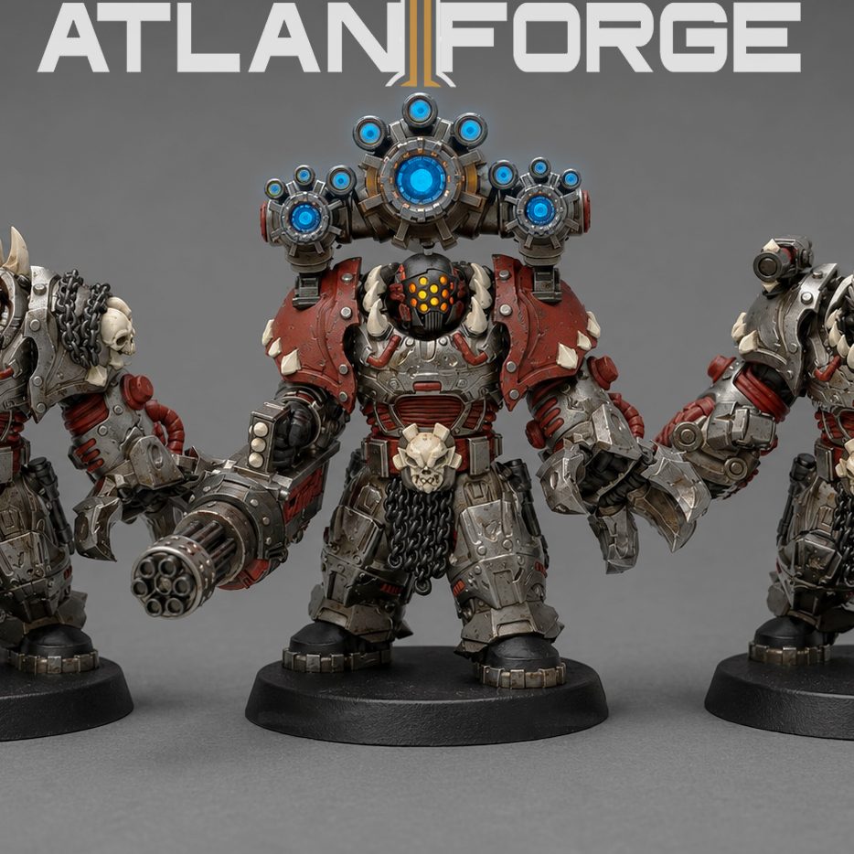 Front view of three painted Bonebreakers with glowing blue orb helmet and multi-barrel gun