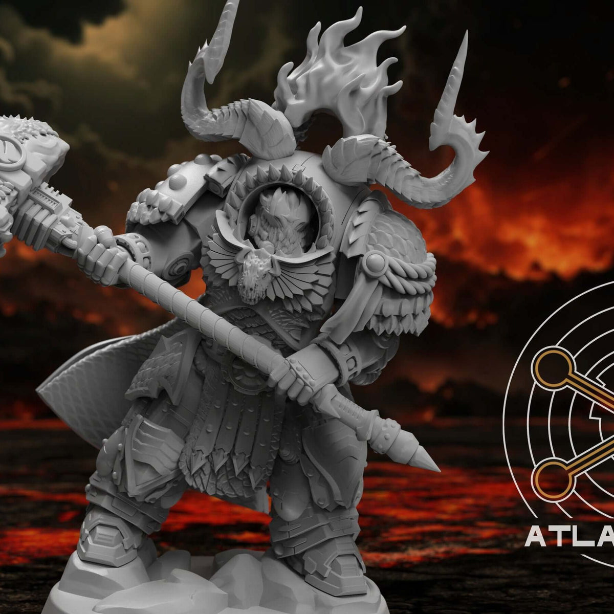 Dragon Knights Inferno Captain miniature wielding a spiked hammer, front three-quarter view on rocky base