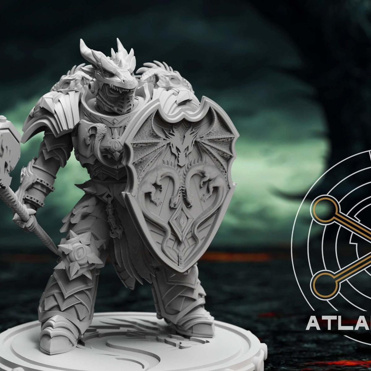 Dragon Knights Veterans miniature with hammer and dragon-emblazoned shield on round base