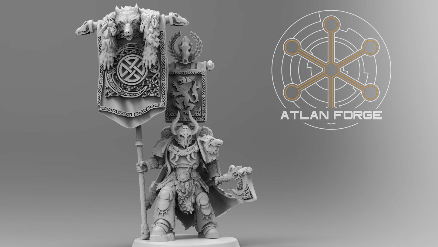 Asgardian War Banners and Standard Bearer - Atlan Forge, Sci Fi Tabletop Wargaming proxy miniatures, 32mm Scale