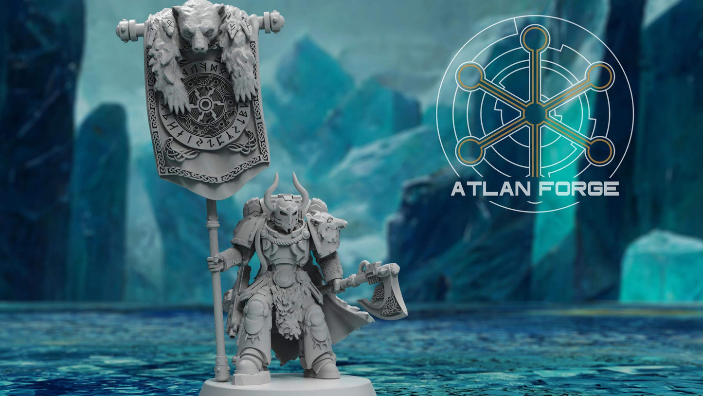 Asgardian War Banners and Standard Bearer - Atlan Forge, Sci Fi Tabletop Wargaming proxy miniatures, 32mm Scale