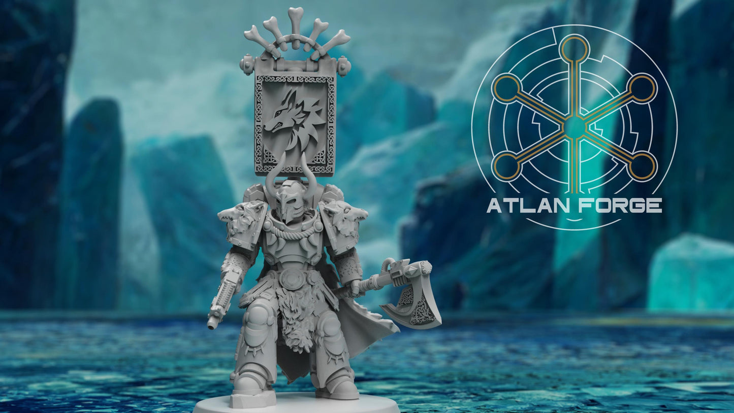 Asgardian War Banners and Standard Bearer - Atlan Forge, Sci Fi Tabletop Wargaming proxy miniatures, 32mm Scale