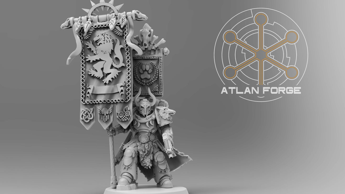 Asgardian War Banners and Standard Bearer - Atlan Forge, Sci Fi Tabletop Wargaming proxy miniatures, 32mm Scale