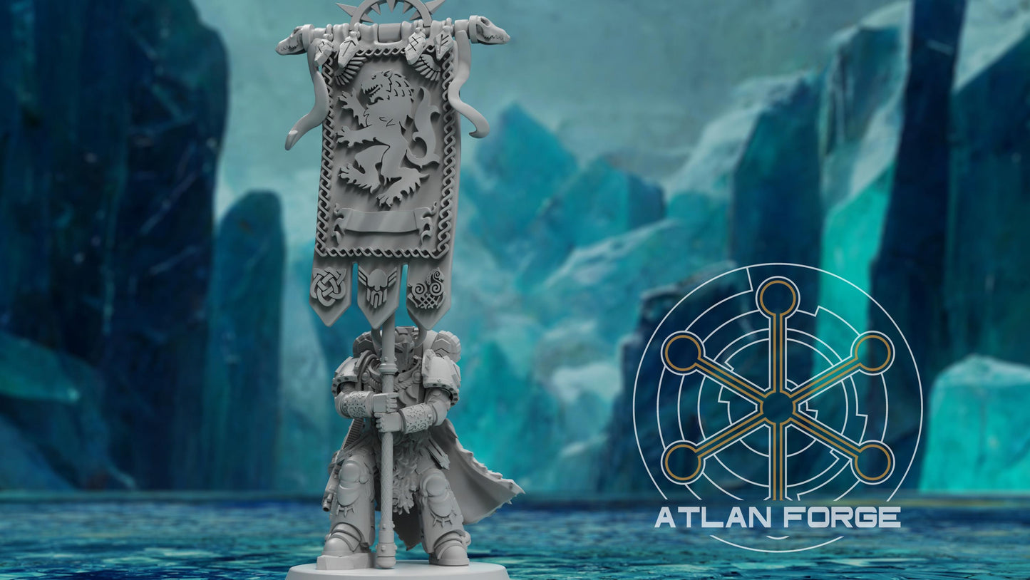 Asgardian War Banners and Standard Bearer - Atlan Forge, Sci Fi Tabletop Wargaming proxy miniatures, 32mm Scale