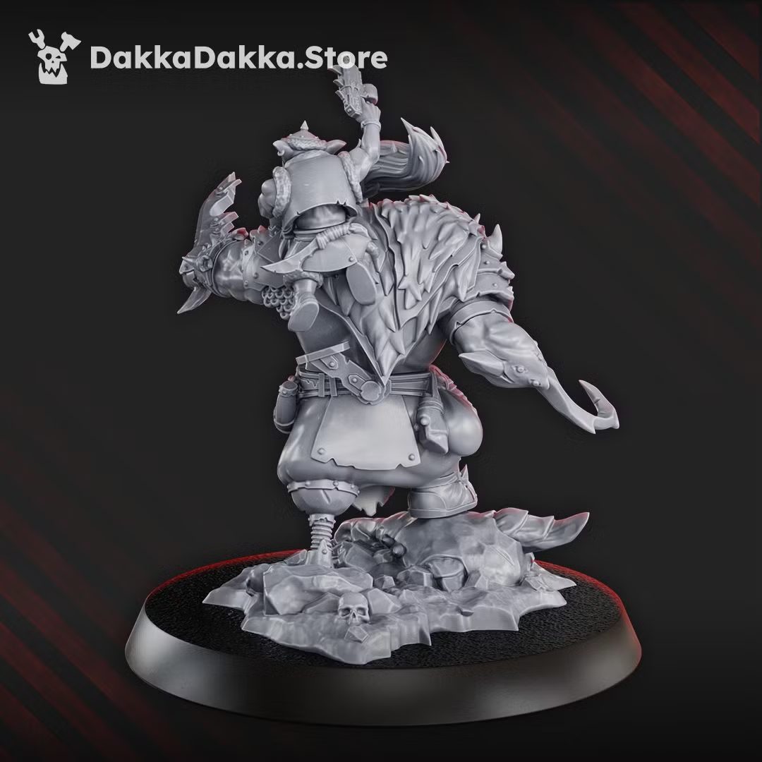 Khan De Golda Tooth resin miniature rear view showing layered armour, trophy back, and rubble base, 45mm scale