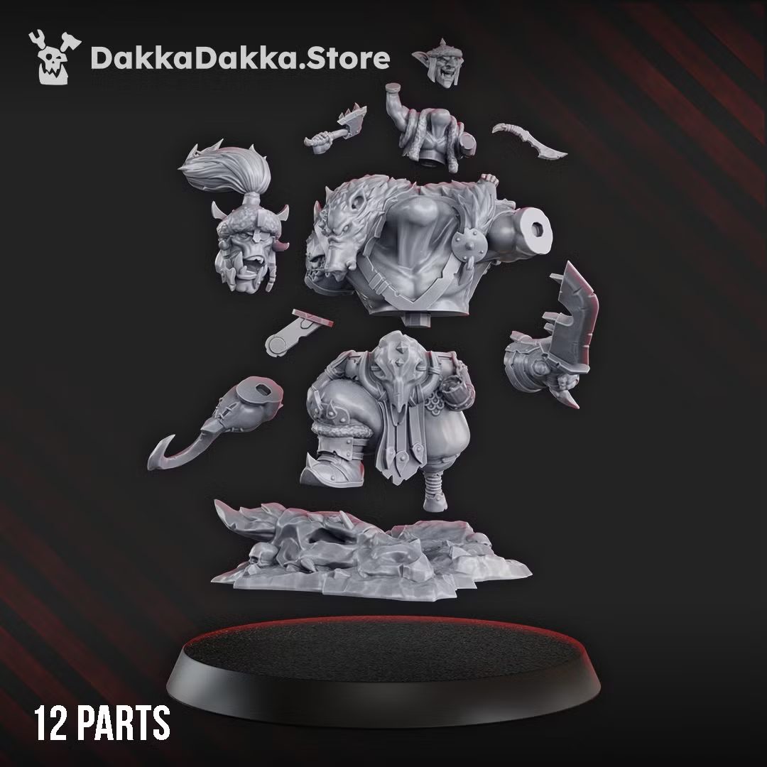 Exploded parts view of the 12-piece miniature kit showing head options, arms, body, weapons, and scenic base