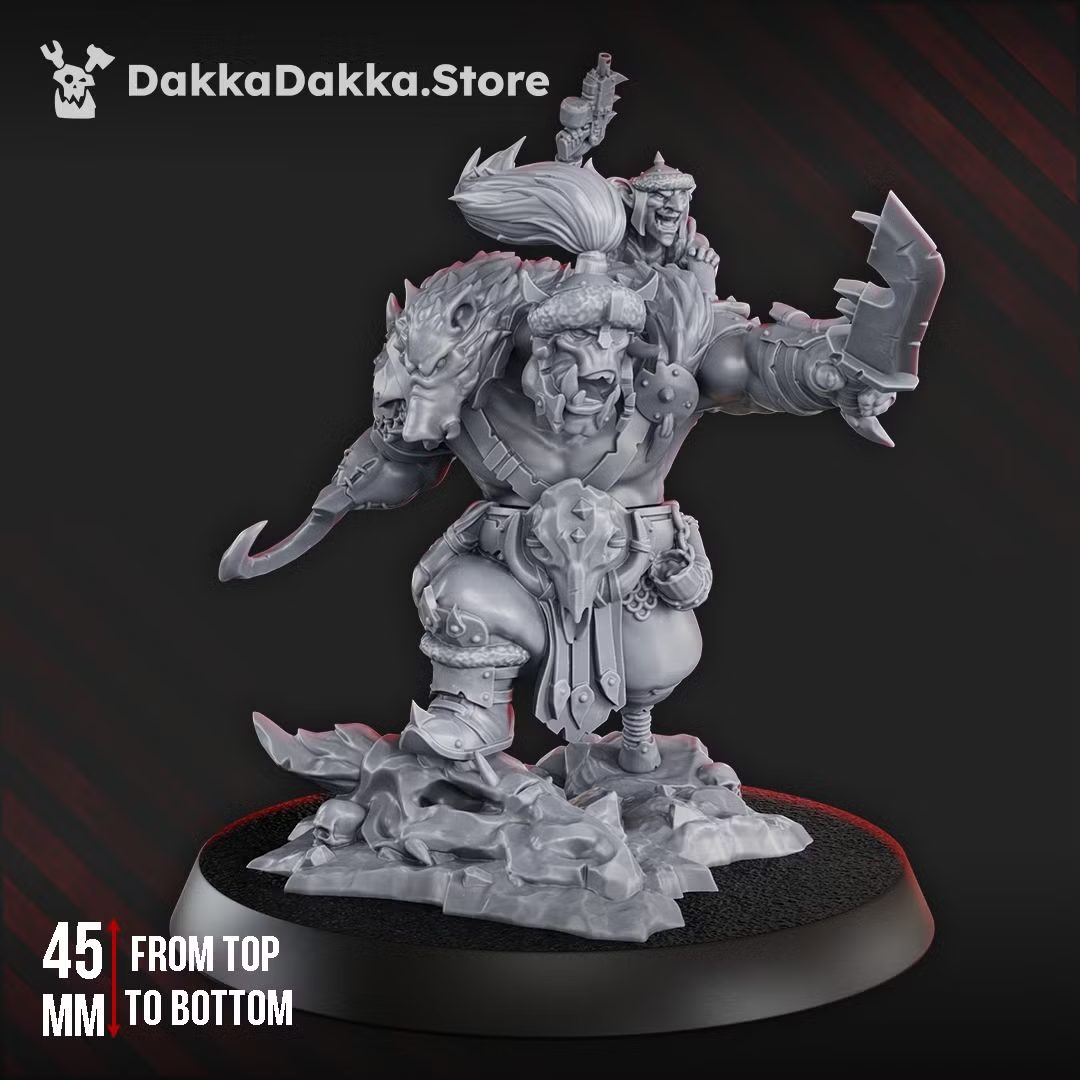 Front view of assembled orc warlord miniature holding cleaver and goblin ally, standing 45mm tall on oval base