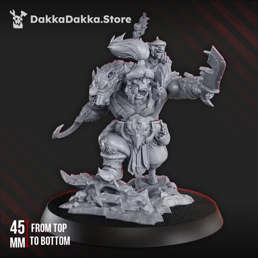 Front view of assembled orc warlord miniature holding cleaver and goblin ally, standing 45mm tall on oval base