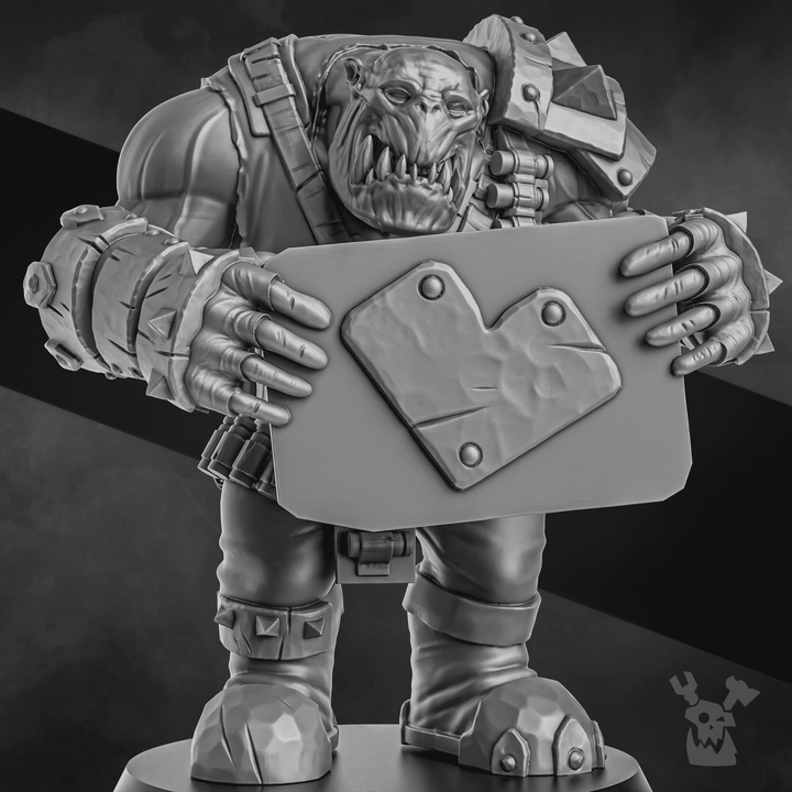 Sci-Fi Ork Wargaming Miniature Holding Heart Sign, 32mm Scale, High-Quality Grey Resin