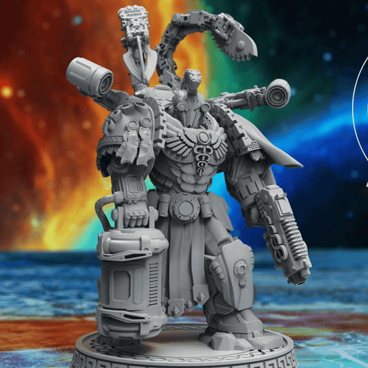 Minoan Aegis Therapeuo sci-fi wargaming miniature in grey resin, featuring detailed armor and mechanical components.