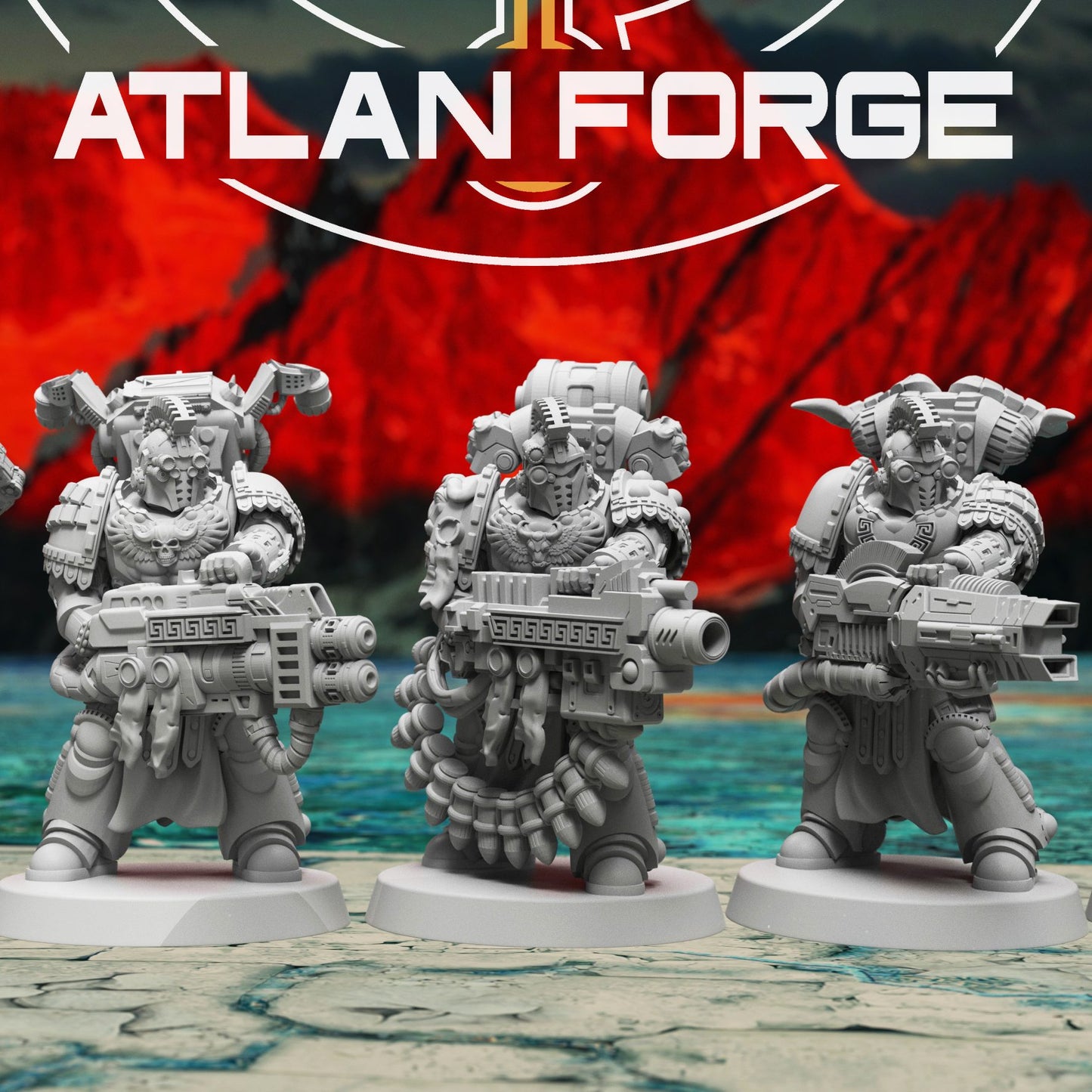 Minoan Toxotai squad, front view of three heavy weapon warriors with meander-patterned rifles on round bases