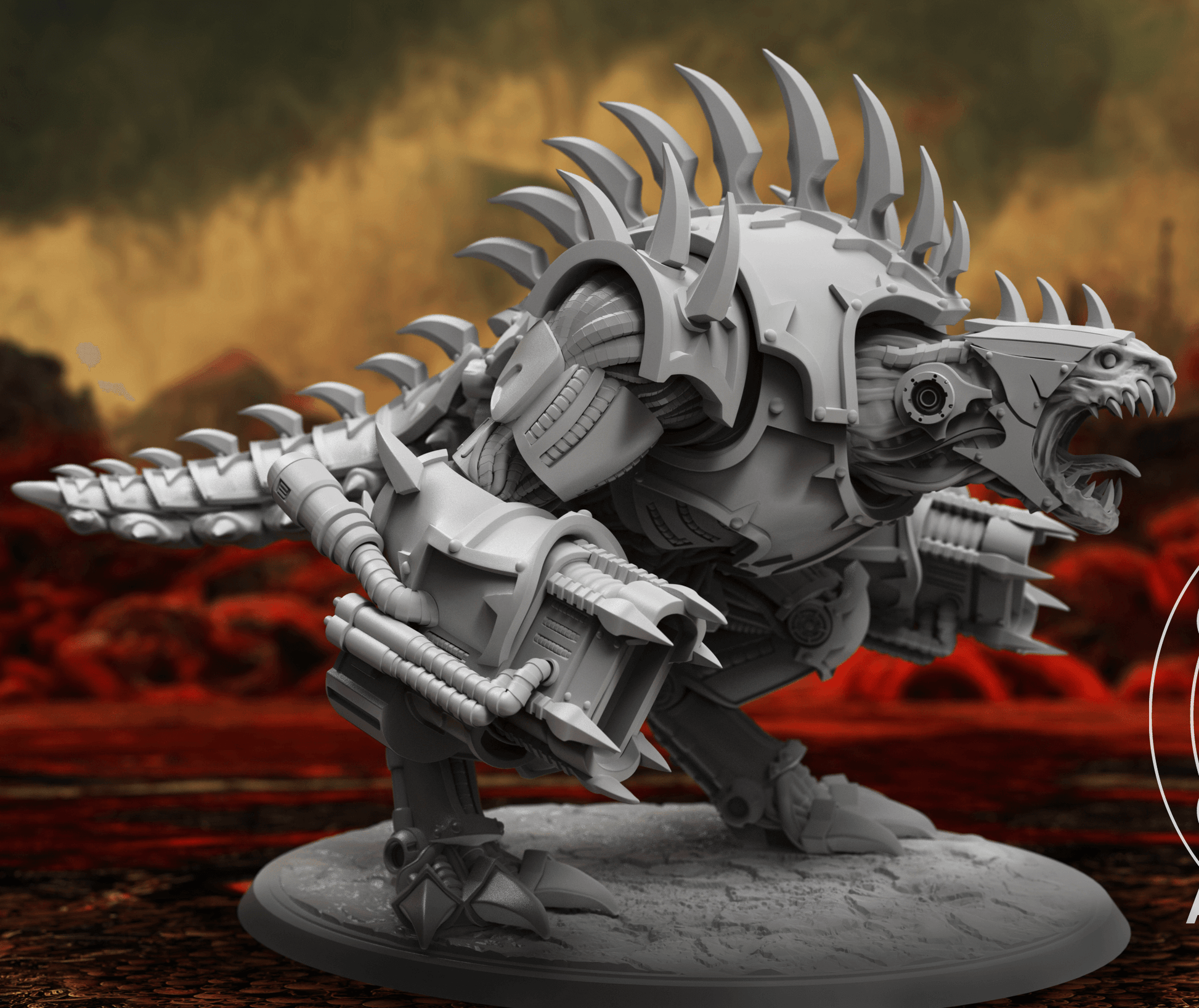 Demon War Machine – Modular Resin Miniature showcasing a cybernetic monster with spikes and weapons.