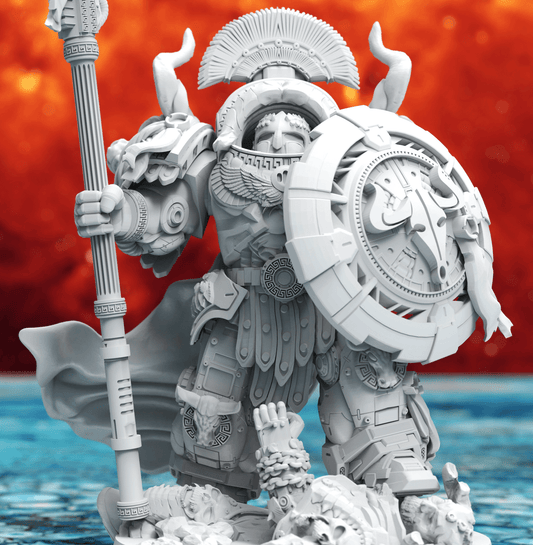 Minoan Myrmidon Captain – 32mm sci-fi warrior resin miniature with axe-spear and ornate shield