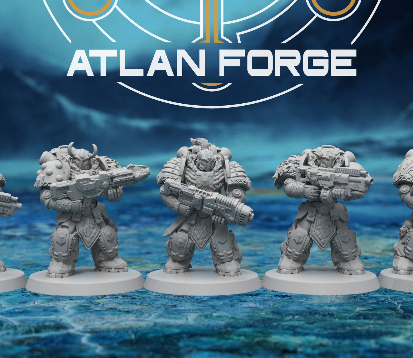 Squad lined up on round bases, horned helms and rifles, promotional Atlan Forge banner background