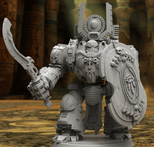 Aegyptian Velox Dreadnought modular resin miniature with ornate blue and gold armor and shield.