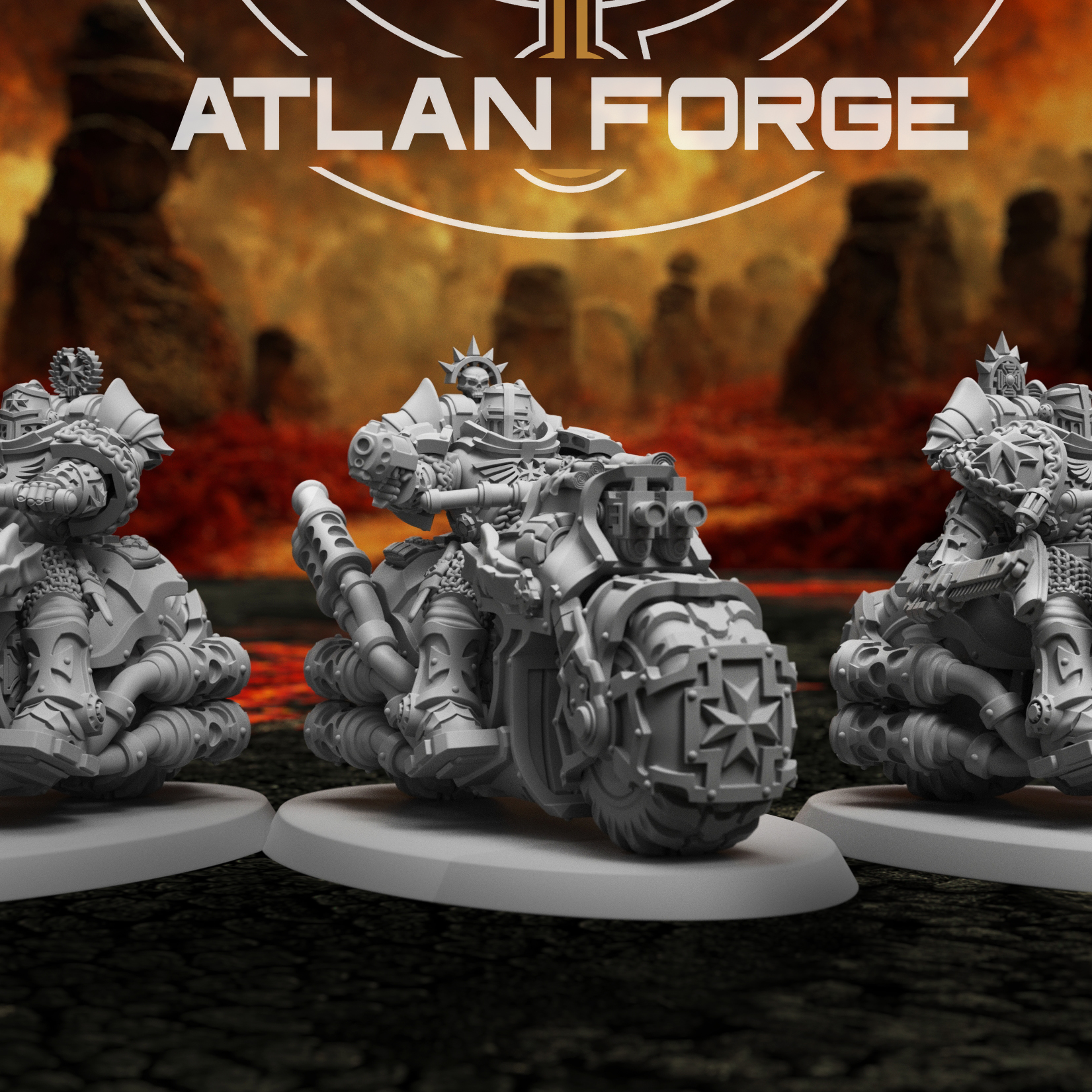 Templar Bikers squad of three armoured sci-fi war bike riders by Atlan Forge