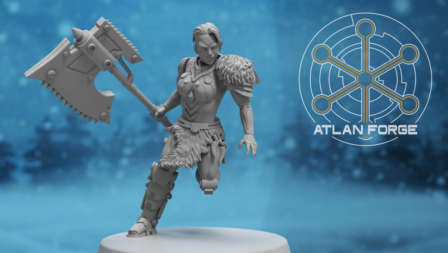 Asgardian Stormwrath Maidens — five modular sci-fi barbarian warrior resin miniatures wielding powered war-axes and arc weapons