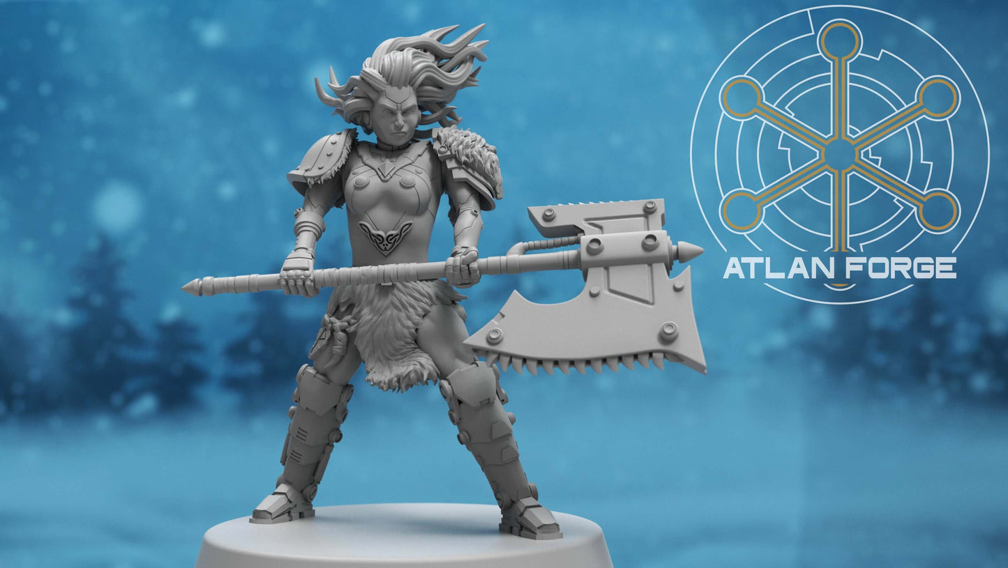 Asgardian Stormwrath Maidens — five modular sci-fi barbarian warrior resin miniatures wielding powered war-axes and arc weapons