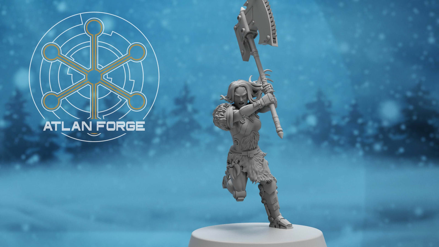 Asgardian Stormwrath Maidens — five modular sci-fi barbarian warrior resin miniatures wielding powered war-axes and arc weapons