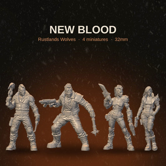 Rustland's Wolves New Blood squad, all 4 resin miniatures shown together, 32mm scale group shot