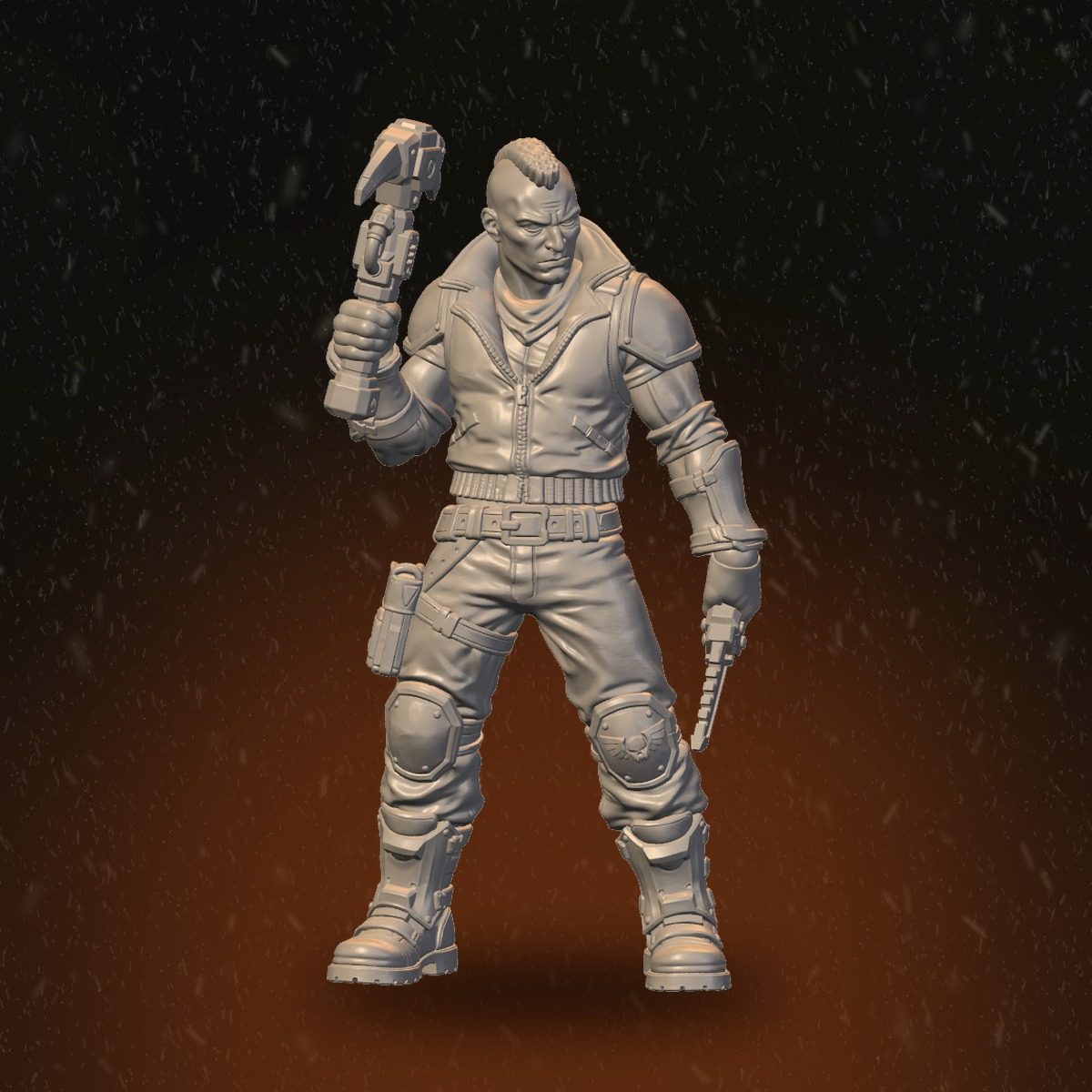 Front view of the male brawler figure, mohawk hair, mechanical claw raised, pistol in right hand