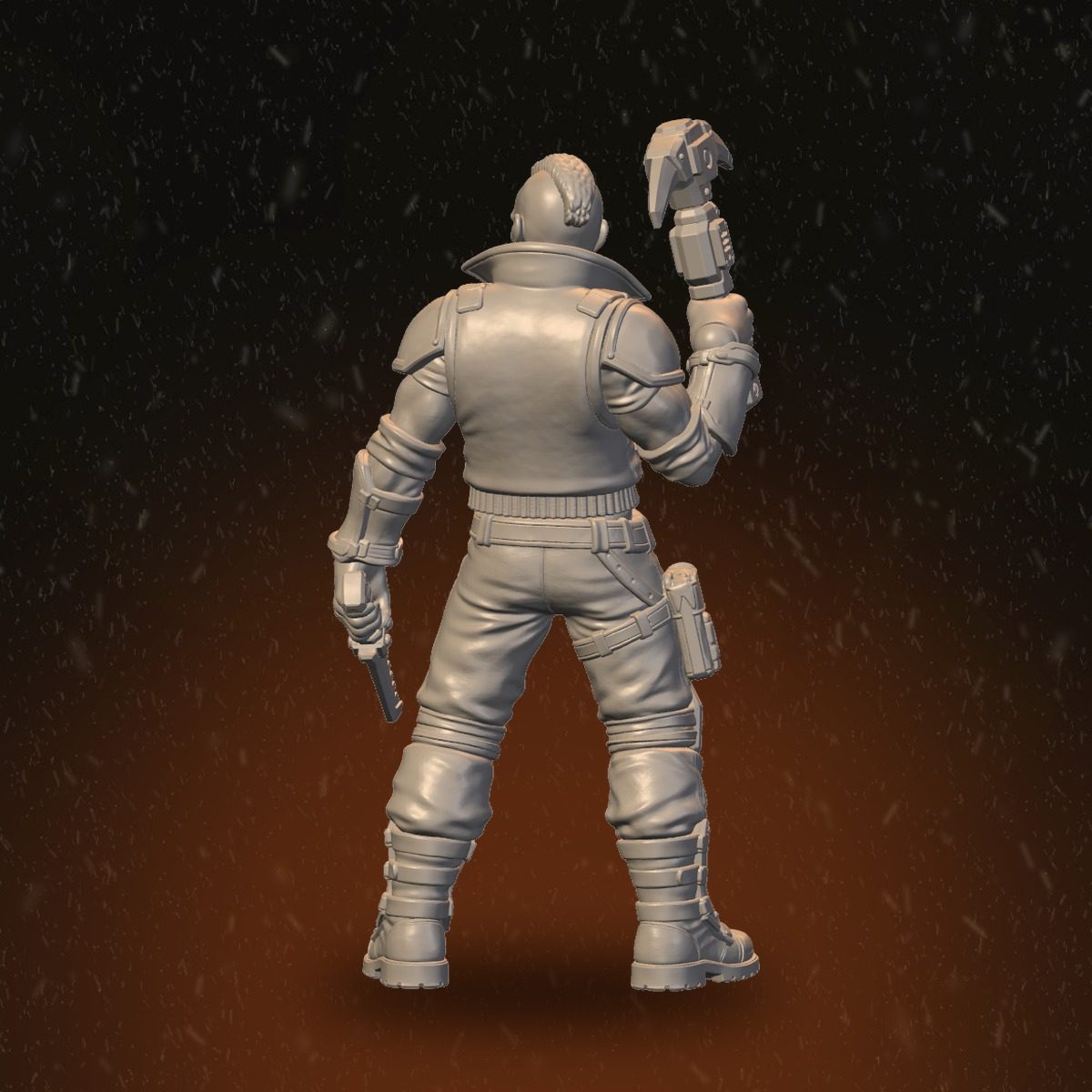 Rear view of the male brawler figure showing back armour, utility belt, and raised claw detail