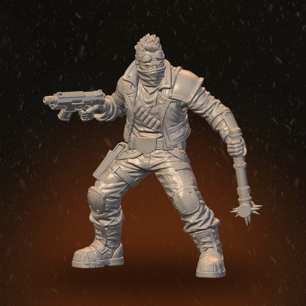 Front view of the masked male fighter, goggles, levelling a pistol forward with spiked mace in left hand