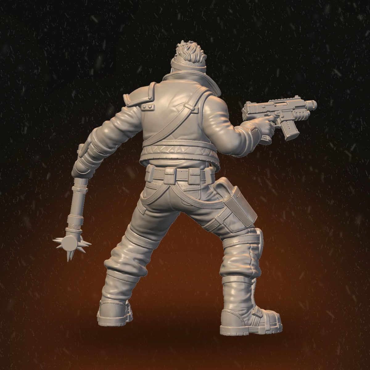Rear view of the masked male fighter showing leather jacket back, bandolier, and spiked mace trailing