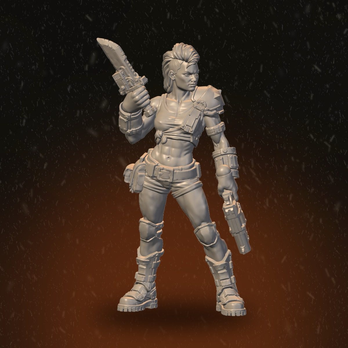 Front view of the female fighter with combat blade raised and pistol held low, armour shoulder pads visible
